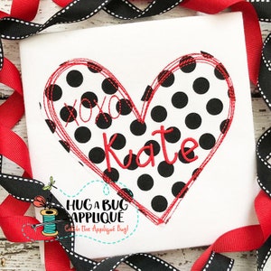 May include: A red heart-shaped design with black polka dots and the name "Kate" embroidered in red. The design is on a white fabric background.