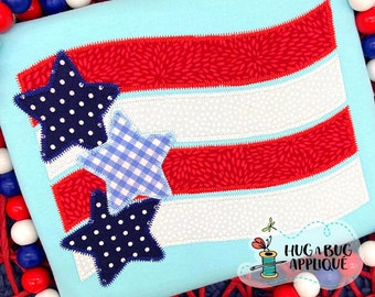 Wavy Flag Stars Zig Zag Stitch Applique Design 5x7 6x10 8x8 8x12 9x9