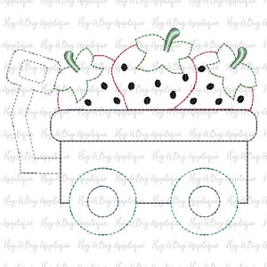 Puede incluir: Un dise&ntilde;o bordado de un vag&oacute;n lleno de tres fresas. Las fresas son rojas con semillas negras y tallos verdes. El vag&oacute;n est&aacute; delineado en negro y tiene cuatro ruedas. El texto "Hug & Bug Applique" se repite en la imagen.