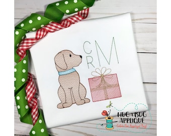 Christmas Gift Pup Sketch Stitch Embroidery Design 5x7 6x10 8x8 9x9