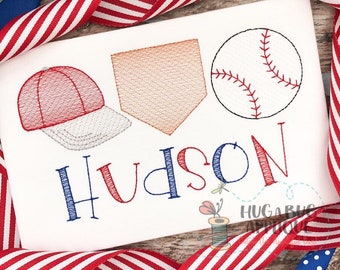 Baseball Hat Home Trio Sketch Stitch Embroidery Design 5x7 6x10 8x8 8x12 9x9