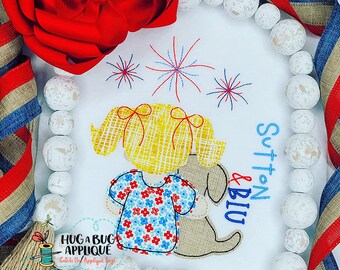 Girl Dog Fireworks Bean Stitch Applique Design 5x7 6x10 8x8 8x12