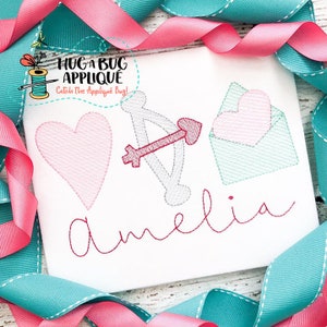 Diseño de bordado de puntada con boceto de corazón, cupido, arco, letra de San Valentín, 5 x 7, 6 x 10, 8 x 8, 8 x 12