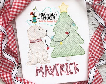 Christmas Tree Lights Pup Sketch Stitch Embroidery Design 5x7 6x10 8x8 9x9