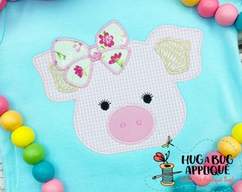 Pig Bow Zig Zag Stitch Applique Design 5x7 6x10 8x8 9x9 8x12