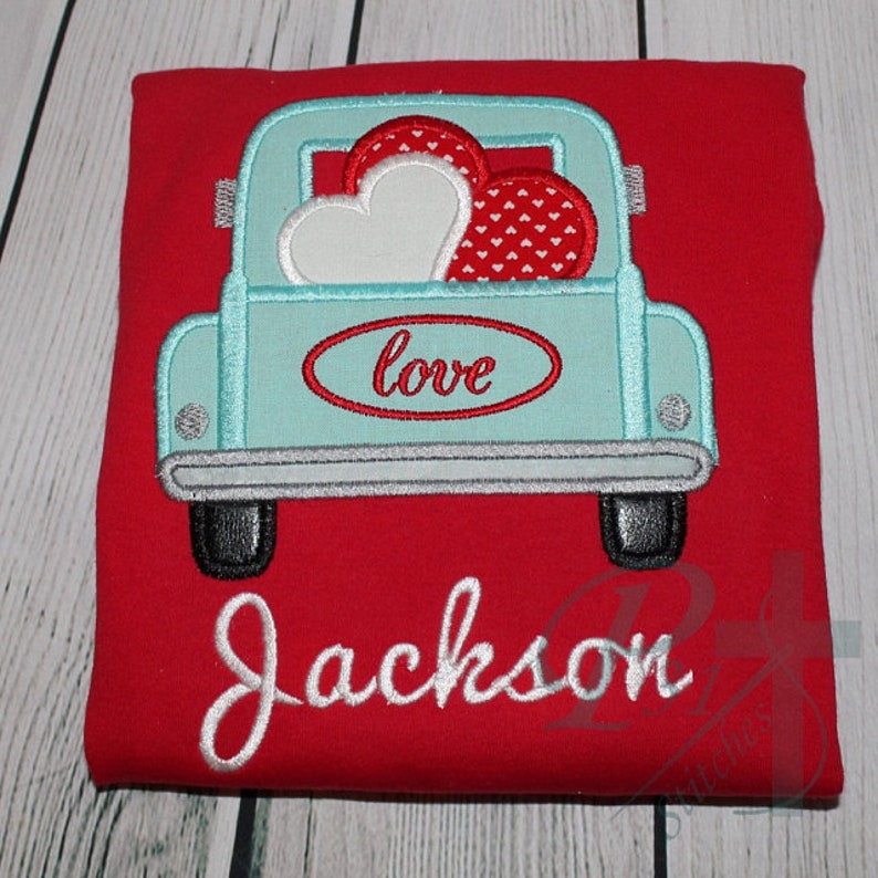 Vintage Truck Hearts Valentine's Day Love Applique Embroidery Design 5x7 6x10 image 1