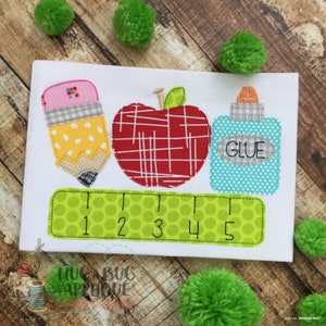 School Supplies Bean Stitch Applique Embroidery Design 5x7 6x10 8x8 8x12