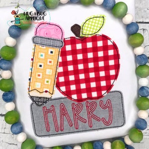 Pencil Apple Box Bean Stitch Applique Design 5x7 6x10 8x8 8x12