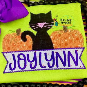 Pumpkins Cat Banner Zig Zag Stitch Applique Design 5x7 6x10 8x8 8x12 9x9