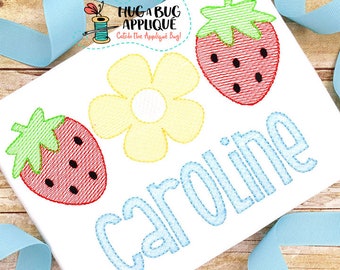Strawberry Flower Trio Sketch Stitch Embroidery Design 5x7 6x10 8x8 8x12