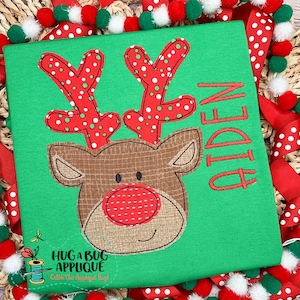 Pode incluir: Camiseta verde de Natal com um aplique de rena vermelho e branco. A rena tem um rosto marrom, um nariz vermelho e chifres com bolinhas vermelhas e brancas. O nome "Aiden" está bordado em vermelho na camiseta.
