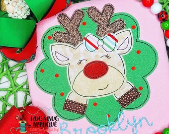 Wreath Reindeer Bow Bean Stitch Applique Design 5x7 6x6 7x7 8x8 9x9