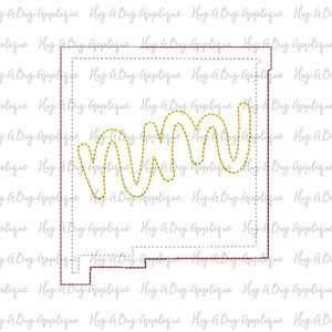 May include: A yellow embroidered letter "M" with a wavy, cursive style. The letter is stitched on a white background within a square frame.