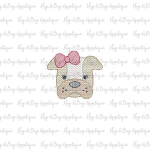 May include: Embroidered design of a dog's face with a pink bow. The dog has white fur with brown spots and blue eyes.