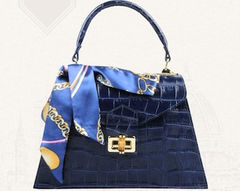 Navy Blue Italian Leather Crossbody Bag With Crocodile Print Handmade in Florence for Women
