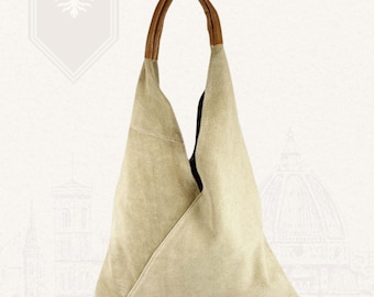 Beige Italian Suede Leather Hobo Bag Handmade in Florence for Women