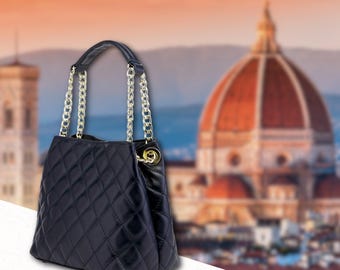 Black Italian Quilted Leather Shoulder Bag Handmade in Florence for Women
