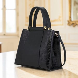 Black Italian Leather Tote Bag With Crocodile Print, Leather Shoulder Purse, Gift For Her