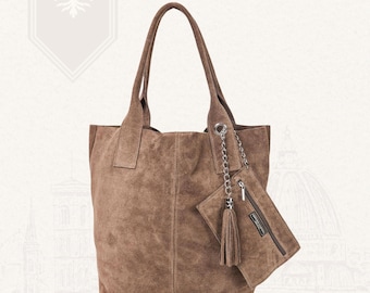 Taupe Italian Large Suede Leather Tote Bag Handmade in Florence for Women