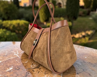 Brown Suede Italian Leather Tote Bag | Genuine Suede Shoulder Handbag with Red Lining | Removable Interior Compartment | Gift for Her