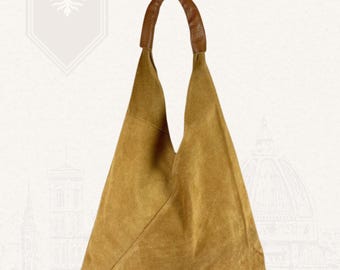 Camel Italian Suede Leather Hobo Bag Handmade in Florence for Women