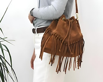 Italian Suede Crossbody Bag With Fringes Handmade In Florence