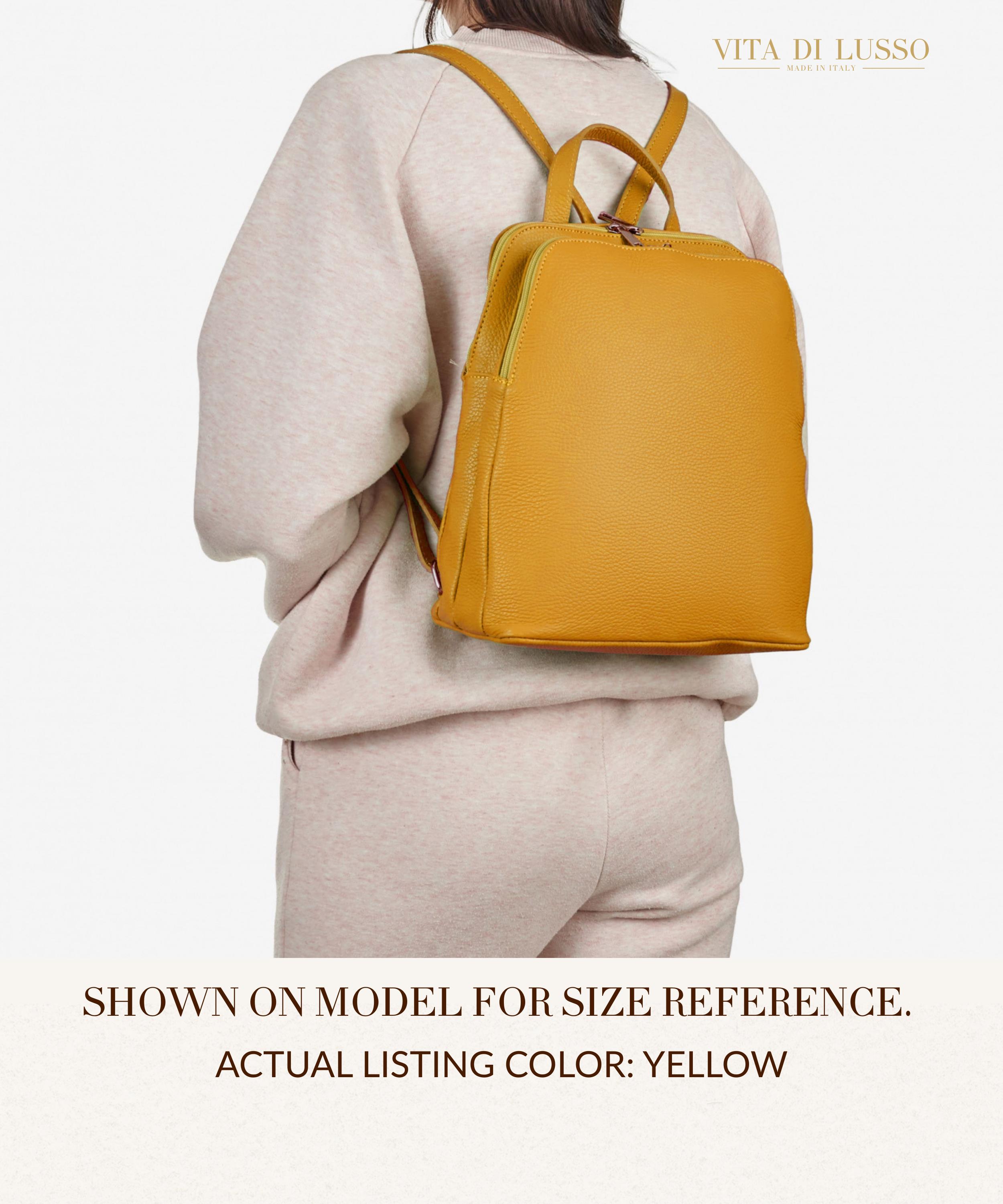 Leather Backpack with Gold Hardware. Made in Italy. Butter Yellow and Cream. Leather Backpack Yellow in Textured Leather | Fantini  main image 2