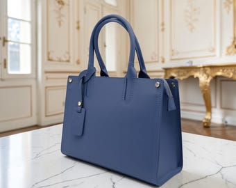 Blue Italian Leather Tote Bag With Strap Handmade In Florence For Women