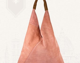 Pink Italian Suede Leather Hobo Bag Handmade in Florence for Women
