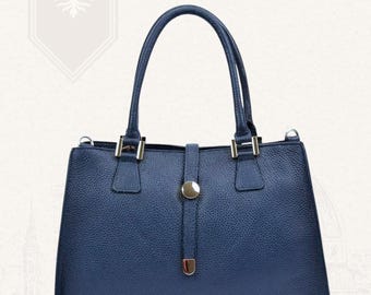 Blue Italian Large Leather Tote Bag Handmade in Florence for Women