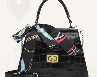 Black Italian Leather Crossbody Bag With Crocodile Print Handmade in Florence for Women