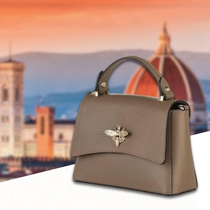 Taupe Italian Leather Small Crossbody Bee Clasp Bag Handmade in Florence for Women