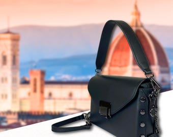 Schwarze Umhängetasche aus Italienischem Leder Mit Top Handel Handmade In Florence Für Frauen