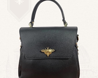 Schwarze italienische Leder Crossbody Bee Spange Tasche in Florenz für Frauen handgefertigt