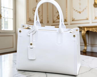 Bolsa tote feminina elegante em couro italiano branco com alça, feita à mão em Florença. Ideal para mulheres.