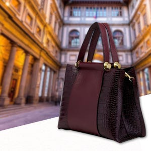 Burgundy Italian Leather Tote Bag With Crocodile Print Handmade in Florence for Women