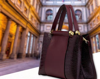 Burgundy Italian Leather Tote Bag With Crocodile Print Handmade in Florence for Women