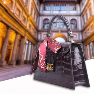 Burgundy Italian Leather Crossbody Bag With Crocodile Print Handmade in Florence for Women