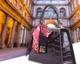 Burgundy Italian Leather Crossbody Bag With Crocodile Print Handmade in Florence for Women