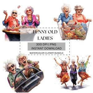 Paquete de 14 imágenes prediseñadas de abuelas divertidas: Imágenes PNG de ancianas en acuarela (descarga digital)