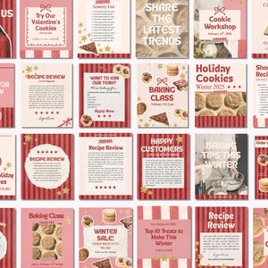May include: A collection of pink and red recipe cards and promotional materials. The cards feature text like "Holiday Cookies," "Baking Class," and "Recipe Review." Some cards include images of cookies and baked goods.