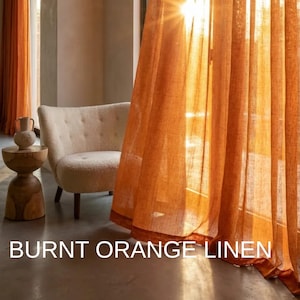 Burnt Orange Linen Sheer Curtains, Extra Wide Custom Curtain Panels, Orange Linen Curtains for Living Room