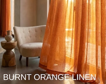 Cortinas transparentes de lino color naranja quemado, paneles de cortina extra anchos hechos a medida, cortinas de lino naranja para sala de estar
