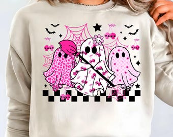 Preppy Pink Ghosts PNG | Urocza dziewczęca sublimacja na Halloween | Upiorny sezon PNG | Różowe duchy czaszki | Rak piersi png Retro projekt na Halloween
