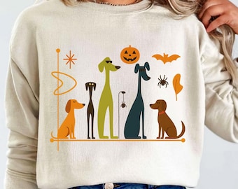 Mid Century Modern Halloween Dogs PNG SVG, Retro Fall Dog Clipart, Vintage Pumpkin Pet Illustration