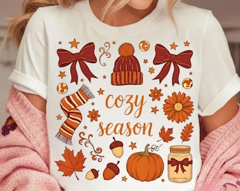 Przytulny sezon PNG SVG | Dziewczęcy wzór sublimacji kokardy na jesień | Jesienny clipart z dynią | Pobieranie cyfrowe koszuli jesiennej w formacie PNG