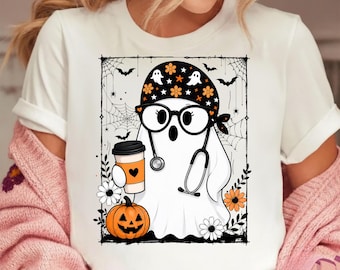 Duch pielęgniarki z motywem Halloween w kwiatowym stylu PNG SVG | Uroczy wzór pielęgniarki z motywem miłośniczki kawy | Upiorna sublimacja kwiatowa | Cyfrowe pobieranie pielęgniarstwa na Halloween
