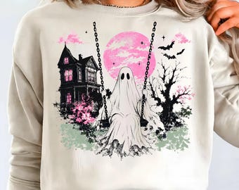 Duch na huśtawce PNG SVG | Duch w gotyckim stylu Halloween | Straszna scena w rezydencji | Mroczny, estetyczny projekt sublimacji | Pobieranie cyfrowe
