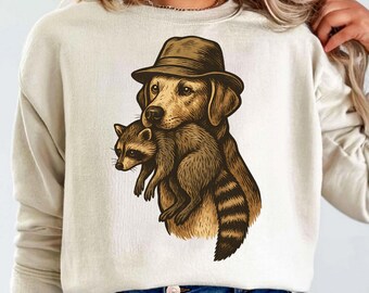 Hunting Dog with Raccoon PNG | Vintage Hunting SVG | Wildlife Sublimation Design | Outdoor Hunting Clipart | Transparent Background