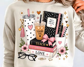 Teacher PNG SVG Bundle | Preppy Teacher School Supplies | Teacher Fuel Coffee Tumbler Books Bow | Back to School Digital Download